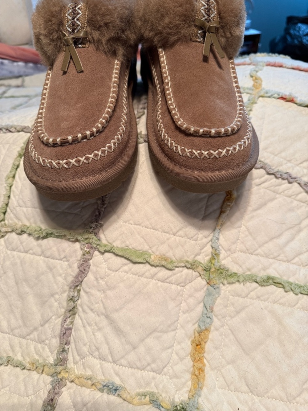 Brown Suede Shearling-Lined Slip-On Slippers - Picture 6 of 9